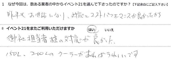 ��N�������b�ɂȂ�A�Ή��ƃR�X�g�p�t�H�[�}���X���ǂ���������B
��ВS���l�̑Ή����ǂ������B
150L�A200L�̃N�[���[������΁A���ꂵ���ł��B