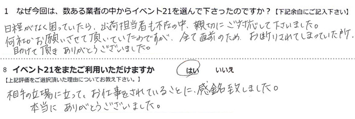 �������Ȃ������Ă�����o�גS���҂��s�݂̒��A�e�؂ɂ��Ή����ĉ������܂����B���Ђ����肢�����Ē����Ă����̂ł����A���ׂĒ��O�̂��߁A���f�肳��Ă��܂��Ă������A�����Ē������肪�Ƃ��������܂����B
����̗���ɗ����āA���d��������Ă��邱�ƂɁA�����v���܂����B�{���ɂ��肪�Ƃ��������܂����B