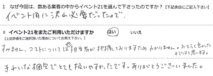 �C�x���g�p�ɑ�R�K�v�������̂ŁB
���݂܂���A�R�X�g�ɂ��Ă͑��S���҂��c�����Ă���܂����߂킩��܂���B�����炭�ǂ������̂ł͂Ǝv���܂��B
���ꂢ�ȍ���łƂĂ������₷�������ł��B���肪�Ƃ��������܂����B