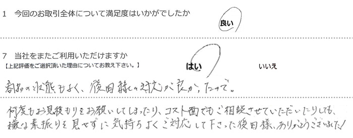 ���i�̏�Ԃ��悭�A��c�l�̑Ή����ǂ������̂ŁB
���x�������ς�������肢���Ă��܂�����A�R�X�g�ʂł������k�����Ă����������肵�Ă��A
���ȑf�U����������ɋC�����悭�Ή����ĉ���������c�l�A���肪�Ƃ��������܂����I