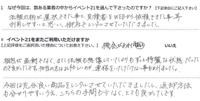 �@��̕����I���ł������ƁA���Ϗ���WEB����˗��ł��������A���p���₷���Ǝv���A��ЂŃ����^�������Ă��������܂����B
����ߏ�łȂ��A�܂��@����z�����Ă��������������Y��ȏ�Ԃ������̂ŗǂ������ł��B
�S���̕��͂��Z�����̂��A�A�������������Ȃ���������܂����B
����͏[���ǂ����i�������^�������Ă��������܂������A�ԋp���@��������₷�������A������̎�Ԃ����Ȃ��A�ƂĂ��ǂ������ł��B
���肪�Ƃ��������܂����B