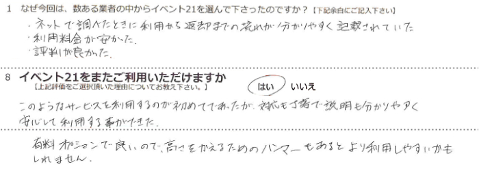 �E�l�b�g�Œ��ׂ��Ƃ��ɗ��p����ԋp�܂ł̗��ꂪ������₷���L�ڂ���Ă���<br>
�E���p���������������B<br>
�E�]�����ǂ�����<br>
���̂悤�ȃT�[�r�X�𗘗p����̂����߂Ăł��������A�Ή������J�Ő�����������₷�����S���ė��p���鎖���ł����B<br>
�L���I�v�V�����ŗǂ��̂ŁA�����������邽�߂̃n���}�[������Ɨ��p���₷����������܂���B