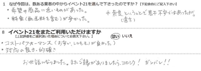 �E��]�̏��i�ɋ߂����̂��������B<br>
�E����(�z�������܂�)�����������B<br>
���ޗ�(����)�Ƃ������ƂŎ኱�s���ł͂��������B<br><br>

�E�R�X�g�p�t�H�[�}���X(�������A���������m���ǂ�����)<br>
�E�Ή��̗ǂ��E�I�m��<br><br>

�����b�ɂȂ�܂����B�܂�����������܂�����A�����V�N�I�K���o���I�I